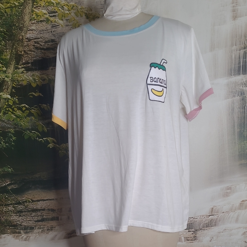 Shein Womens 3XL White Short Sleeve Banana Drink Graphic Ringer Tee